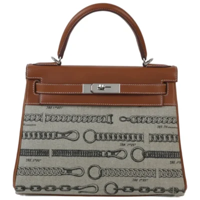 Hermès 2018 Rare Collectible Kelly 28 Dechainee Fauve Barenia & Canvas Palladium Hardware