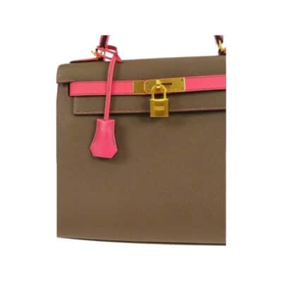 Hermès 2018 Kelly 28 Sellier Taupe Grey and Flamingo Pink Epsom Gold Hardware Affordable