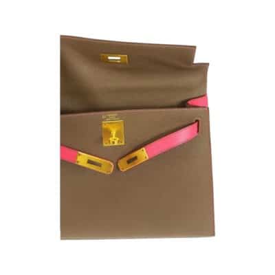 Hermès 2018 Kelly 28 Sellier Taupe Grey Flamingo Pink Epsom Gold Detail2