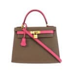 Hermès 2018 Kelly 28 Sellier Taupe Grey and Flamingo Pink Epsom Gold Hardware Affordable