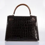 Hermès HSS 2021 Kelly 28 Sellier Macassar/Ebene/Miel/Extreme Rose Shiny Alligator Mississippiensis Palladium Hardware