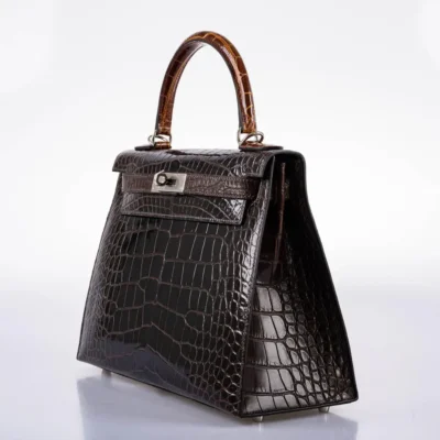 Hermès HSS 2021 Kelly 28 Sellier Macassar/Ebene/Miel/Extreme Rose Shiny Alligator Mississippiensis Palladium Hardware