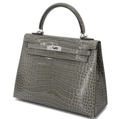 Hermès 2024 Kelly 25 Sellier Gris Ciment Shiny Alligator Mississippiensis Palladium Hardware