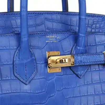 Hermès Birkin 25 Bleu Royal Matte Porosus Crocodile logo