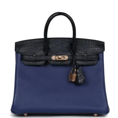 Hermès Birkin 25 Bleu Saphir and Bleu Marine Taurillion Novillo Matte Alligator Mississippiensis Touch Rose Gold Hardware