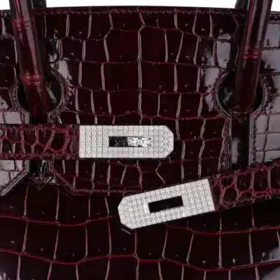 Hermès Rare Collectible Birkin 35 Bordeaux Shiny Porosus Crocodile Diamond Encrusted 18k White Gold Hardware