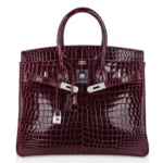 Hermès Rare Collectible Birkin 35 Bordeaux Shiny Porosus Crocodile Diamond Encrusted 18k White Gold Hardware