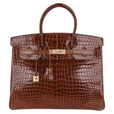 Hermès Rare Collectible Birkin 35 Miel Shiny Porosus Crocodile Diamond Encrusted 18k Rose Gold Hardware