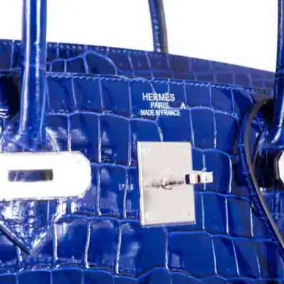 Hermès Birkin 40 Blue Electric Shiny Crocodile Porosus logo