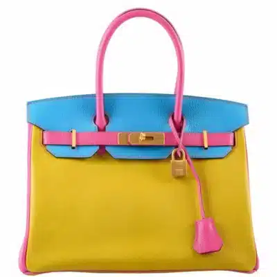 Hermès HSS 2014 Birkin 30 Rose Lipstick/Blue Aztec/Cumin Chevre Brushed Gold Hardware