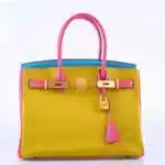 Hermès HSS 2014 Birkin 30 Rose Lipstick/Blue Aztec/Cumin Chevre Brushed Gold Hardware