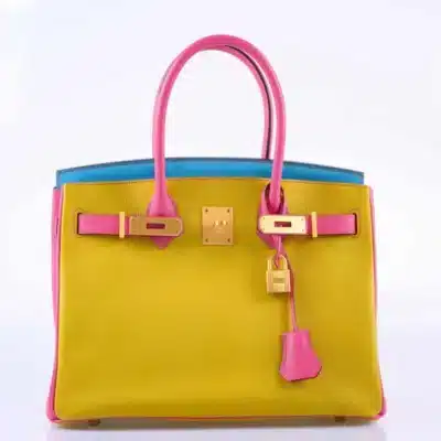 Hermès HSS 2014 Birkin 30 Rose Lipstick, Blue Aztec & Cumin Chevre Brushed Gold Front2