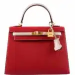 Hermès HSS 2019 Kelly 25 Sellier Rouge Casaque and Craie Epsom Brushed Gold Hardware