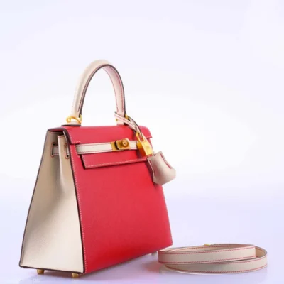 Hermès HSS 2019 Kelly 25 Sellier Rouge Casaque and Craie Epsom Brushed Gold Hardware