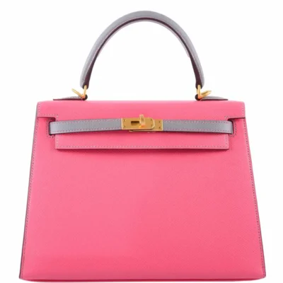 Hermès HSS 2019 Kelly 25 Sellier Roze Azalee and Gris Mouette Epsom Brushed Gold Hardware