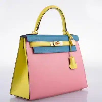 Hermès HSS 2019 Kelly 28 Sellier Tri-Color Rose Confetti/Lime/Blue Aztec Chevre Brushed Gold Hardware