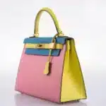 Hermès HSS 2019 Kelly 28 Sellier Tri-Color Rose Confetti/Lime/Blue Aztec Chevre Brushed Gold Hardware