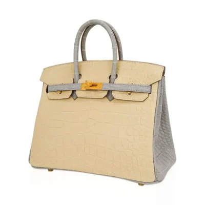 Hermès HSS Birkin 25 Vanille and Gris Pearl Matte Alligator Mississippiensis Brushed Gold Hardware