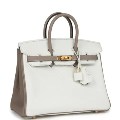 Hermès HSS Birkin 25 White and Gris Tourterelle Clemence Gold Hardware