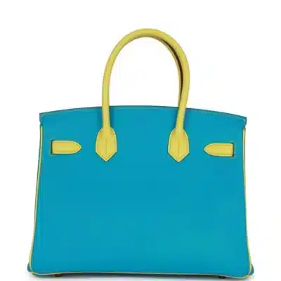 Hermès HSS Birkin 30 Bleu Turquoise and Lime Chevre Gold Hardware