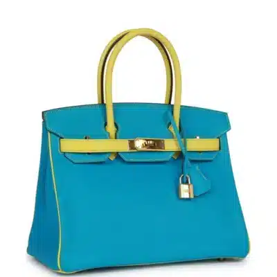 Hermès HSS Birkin 30 Bleu Turquoise and Lime Chevre Gold Hardware