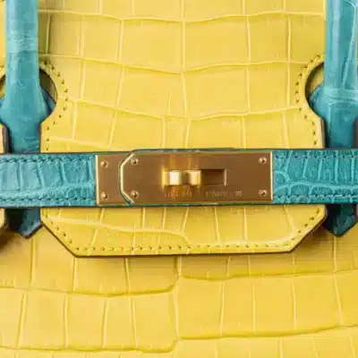 Hermès HSS Birkin 30 Mimosa And Bleu Paon Matte Porosus Crocodile Brushed Gold Hardware