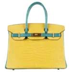 Hermès HSS Birkin 30 Mimosa And Bleu Paon Matte Porosus Crocodile Brushed Gold Hardware