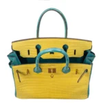 Hermès HSS Birkin 30 Mimosa And Bleu Paon Matte Porosus Crocodile Brushed Gold Hardware