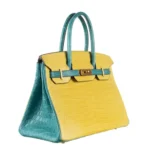 Hermès HSS Birkin 30 Mimosa And Bleu Paon Matte Porosus Crocodile Brushed Gold Hardware