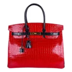 Hermès HSS Birkin 35 Braise And Black Shiny Porosus Crocodile Gold Hardware