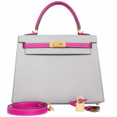 Hermès HSS Kelly 25 Sellier Bi-Color Gris Mouette and Magnolia Epsom Brushed Gold Hardware