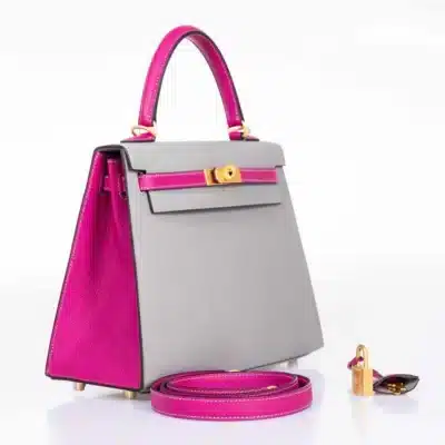 Hermès HSS Kelly 25 Sellier Bi-Color Gris Mouette and Magnolia Epsom side1