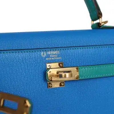 Hermès HSS Kelly 25 Sellier Bleu Hydra and Bleu Paon Chevre Mysore Gold Hardware