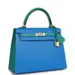 Hermès HSS Kelly 25 Sellier Bleu Hydra and Bleu Paon Chevre Mysore Gold Hardware