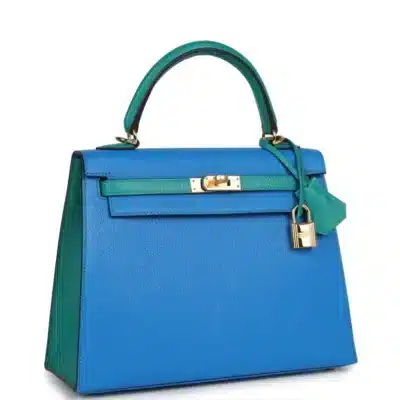 Hermès HSS Kelly 25 Sellier Bleu Hydra and Bleu Paon Chevre Mysore Gold Hardware