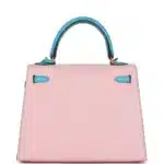 Hermès HSS Kelly 25 Sellier Rose Sakura and Bleu Aztec Chevre Brushed Gold Hardware