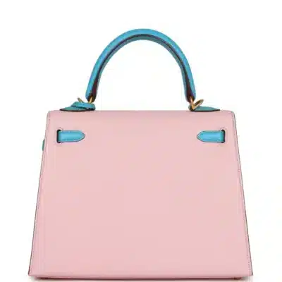 Hermès HSS Kelly 25 Sellier Rose Sakura and Bleu Aztec Chevre Brushed Gold Hardware