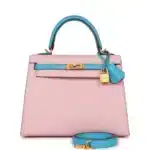 Hermès HSS Kelly 25 Sellier Rose Sakura and Bleu Aztec Chevre Brushed Gold Hardware