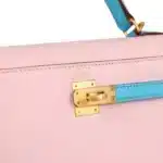 Hermès HSS Kelly 25 Sellier Rose Sakura and Bleu Aztec Chevre Brushed Gold Hardware