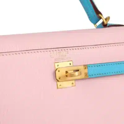 Hermès HSS Kelly 25 Sellier Rose Sakura and Bleu Aztec Chevre Brushed Gold Hardware