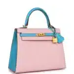 Hermès HSS Kelly 25 Sellier Rose Sakura and Bleu Aztec Chevre Brushed Gold Hardware