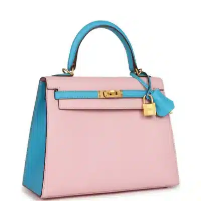 Hermès HSS Kelly 25 Sellier Rose Sakura and Bleu Aztec Chevre Brushed Gold Hardware