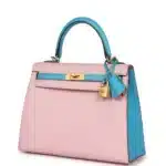 Hermès HSS Kelly 25 Sellier Rose Sakura and Bleu Aztec Chevre Brushed Gold Hardware