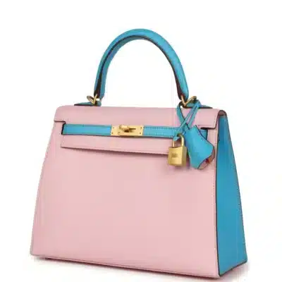 Hermès HSS Kelly 25 Sellier Rose Sakura and Bleu Aztec Chevre Brushed Gold Hardware