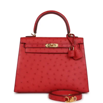 Hermès HSS Kelly 25 Sellier Rouge Vif Verso Ostrich Gold Hardware