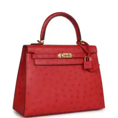 Hermès HSS Kelly 25 Sellier Rouge Vif Verso Ostrich Gold Hardware