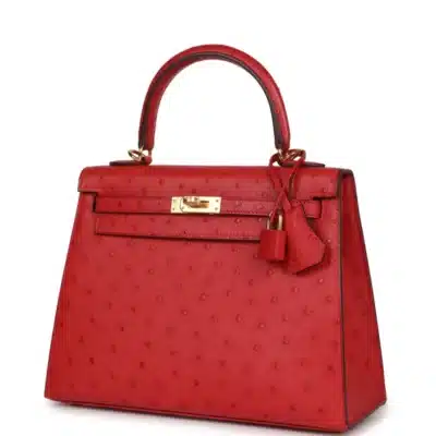 Hermès HSS Kelly 25 Sellier Rouge Vif Verso Ostrich Gold Hardware