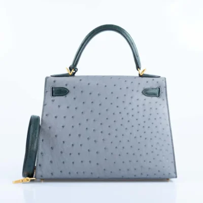 Hermès HSS Kelly 28 Sellier Gris Agate and Vert Titien Ostrich Brushed Gold Hardware