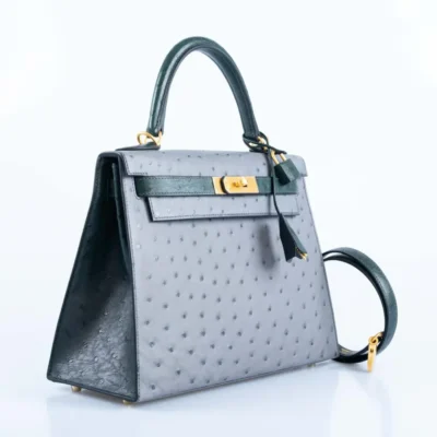 Hermès HSS Kelly 28 Sellier Gris Agate and Vert Titien Ostrich Brushed Gold Hardware