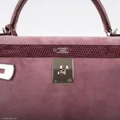 Hermès Kelly 32 Sellier Mauve/Rose Indienne Doblis Suede & Niloticus Lizard Palladium Hardware